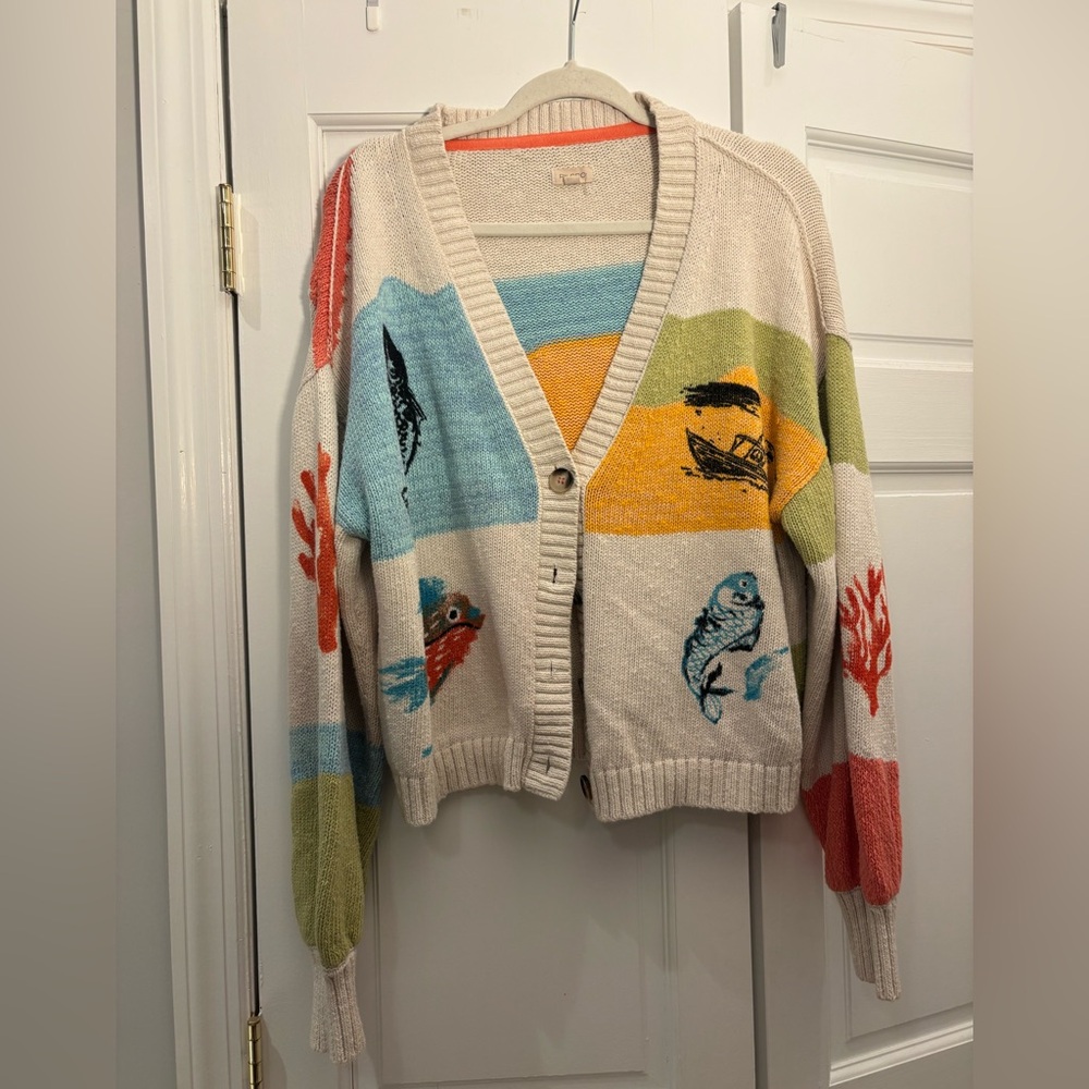 Pilcro Anthro Icon Graphic Fish Beach Cardigan Sweater Medium - Picture 7 of 7